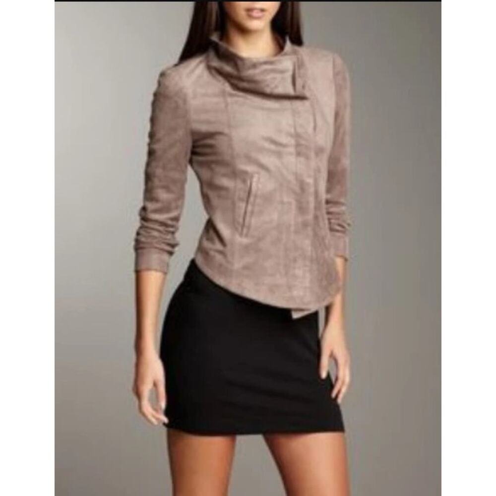 BCBGMAXAZRIA bcbg gray faux suede Misty Morning cropped moto jacket top